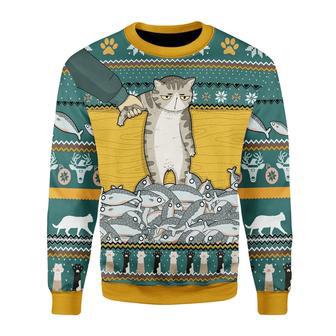 Cat Christmas Sweater Cat With Fish Funny Ugly Sweater | Favorety AU