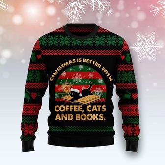 Cat Christmas Sweater Christmas Is Better With Coffee Cats And Books Black Ugly Sweater | Favorety