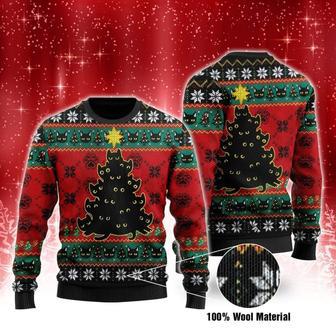 Cat Ugly Christmas Sweater Black Cat Christmas Tree Cat Paws Pattern Black Sweater | Favorety DE