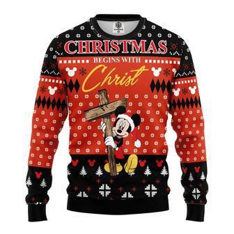 Disney Christmas Sweater Christmas Begins With Christ MK Mouse Black Red Ugly Sweater | Favorety