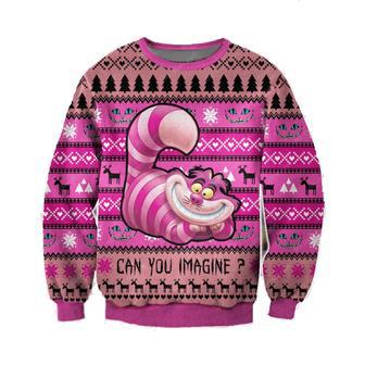 Disney Christmas Ugly Sweater Cheshire Cat Can You Imgine Christmas Pink Sweater | Favorety CA