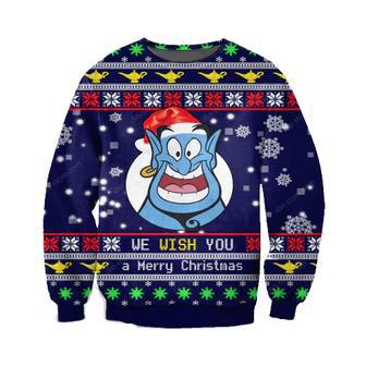 Disney Christmas Ugly Sweater Genie We Wish You A Merry Christmas Blue Sweater Cute Aladdin Sweater | Favorety CA