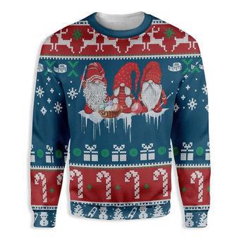 Gnome Christmas Ugly Sweater Three Gnomes Christmas Presents Candies Pattern Blue Red Sweater | Favorety UK