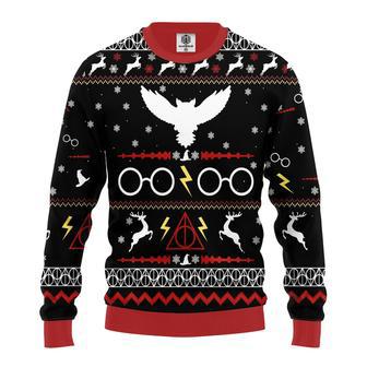 Harry Pottrt Christmas Sweater Harry Pottrt Owl The Deathly Hallows Symbol Black Red Ugly Sweater | Favorety DE