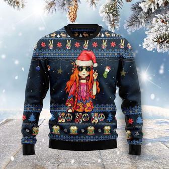 Hippie Sweater Hippie Girl Ho Ho Ho Christmas Pattern Dark Blue Ugly Sweater | Favorety AU