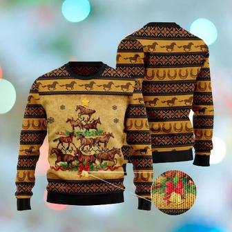 Horse Christmas Ugly Sweater Horse Christmas Tree Brown Yellow Sweater | Favorety CA