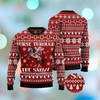 Horse Christmas Ugly Sweater Santa Claus Horse Through The Snow Red White Sweater | Favorety CA