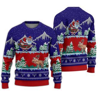 Hunting Ugly Christmas Sweater Moose Hunter Santa Blue Sweater | Favorety AU