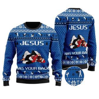 Jesus Ugly Christmas Sweater Jesus Has Your Back Jiu Jitsu Christmas Pattern Blue Sweater | Favorety UK