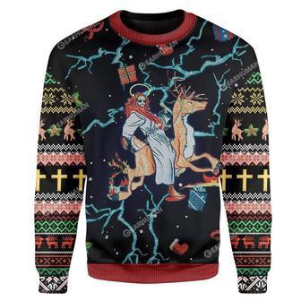 Jesus Ugly Christmas Sweater Swag Jesus Riding Reindeer Black Sweater | Favorety AU