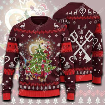 Kingdom Hearts Ugly Sweater Sora Riku Kairi Donaldd Decorate Christmas Tree Dark Red Sweater | Favorety DE