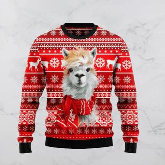 Llama Christmas Sweater Llama Wearing Scarf Christmas Pattern Red White Ugly Sweater | Favorety AU