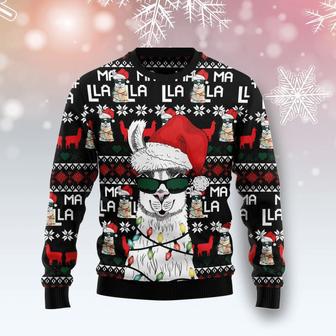 Llama Christmas Ugly Sweater Cool Llama With SungLilo And Stitchses Christmas Hat Light Black Sweater | Favorety UK