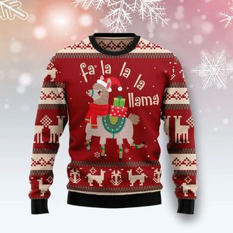 Llama Christmas Ugly Sweater Llama Fa La La La Llama With Christmas Hat And Presents Red White Sweater | Favorety CA