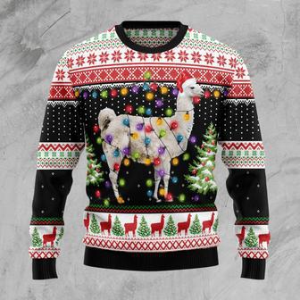 Llama Christmas Ugly Sweater Llama With Christmas Light Bulds Black White Red Sweater | Favorety AU