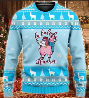 Llama Christmas Ugly Sweater Llama With Wings Fa La La La Llama Blue Sweater | Favorety