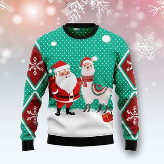 Llama Christmas Ugly Sweater Santa Claus And Llama Snowflakes Green Red Sweater | Favorety DE