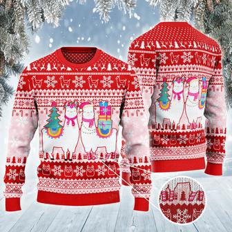 Llama Christmas Ugly Sweater Two Llama With Christmas Tree And Presents Red White Sweater | Favorety DE