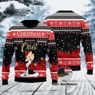 Peanuts Snoopy And Charlie Christmas Begins With Christ Black Red Christmas Ugly Wool Sweater Christmas | Favorety UK