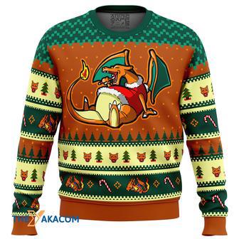 Pokemon Eating Candy Cane Charizard Gift For Fan Anime Christmas Ugly Sweater | Favorety UK