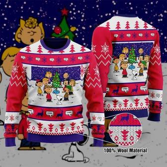 Snoopy Charlie Brown Peanuts Characters Christmas Night Pink Blue Christmas Ugly Wool Sweater | Favorety DE