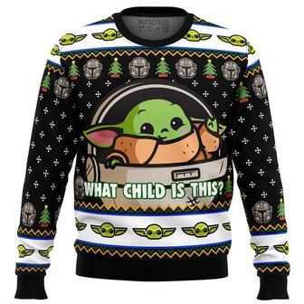 SW Christmas Sweater Grogu What Child Is This Green Black Ugly Sweater High Quality SW Ugly Sweater | Favorety CA