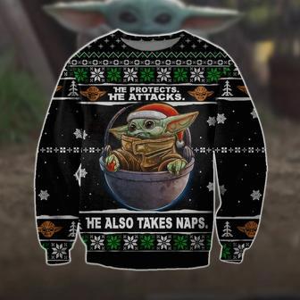 SW Ugly Sweater He Protects He Attacks He Also Takes Naps Grogu Christmas Black Sweater Cute SW Sweater | Favorety