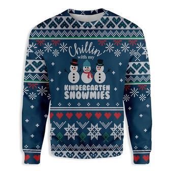 Teacher Christmas Sweater Chilling With My Kindergarten Snowmies Blue Ugly Sweater | Favorety