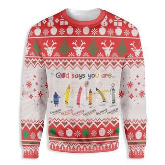 Teacher Christmas Sweater God Says You Are Awesome Teacher Crayons White Ugly Sweater | Favorety UK