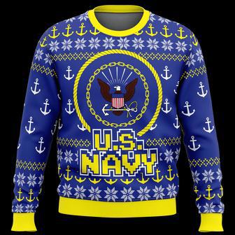 Veteran Sweater US Navy Anchor Pattern Blue Yellow Veteran Christmas Ugly Sweater | Favorety UK