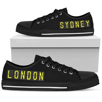 Airport Destinations Sydney To London (Black) - Low Top Canvas Shoes - Monsterry UK
