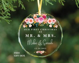 Custom Couple Names Glass Ornament Our First Christmas As Mr and Mrs | Mazezy