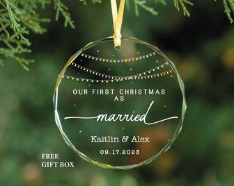 Custom Our First Christmas Married Glass Ornament With Bride Groom Names | Mazezy