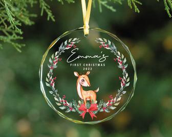 Personalized Baby Deer First Christmas Glass Ornament Christmas Gift | Mazezy