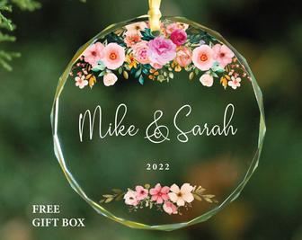 Personalized Couple Names Glass Christmas Ornament Flower New Couple Gift | Mazezy