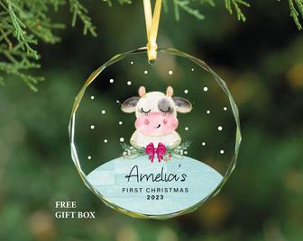 Personalized Cow Glass Ornament Newborn First Christmas Ornament Gift | Mazezy