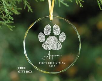 Personalized Dog First Christmas Glass Ornament Dog Paw Christmas Gift | Mazezy