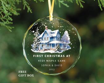 Personalized First Christmas at Address Glass Ornament New Home Gift | Mazezy
