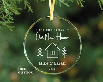 Personalized First Christmas In Our New Home Glass Ornament Xmas Gift | Mazezy