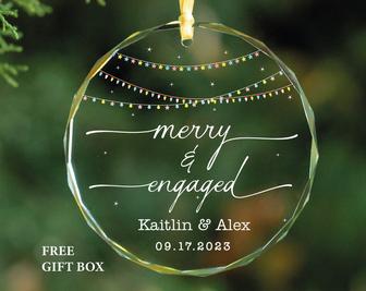 Personalized Merry and Engaged Glass Ornament Christmas Gift For Couple | Mazezy