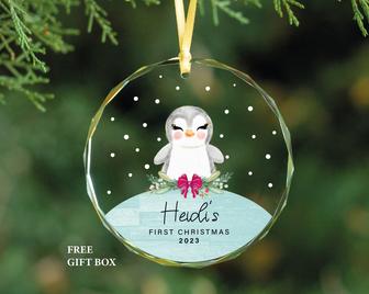 Personalized Penguin Glass Ornament Newborn First Christmas Ornament Gift | Mazezy