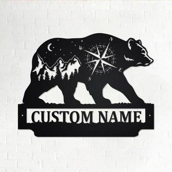 Custom Bear And Mountains Landscape Metal Wall Art, Personalized Bear Name Sign Decoration For Room, Bear Metal Home Decor, Custom Bear - Thegiftio