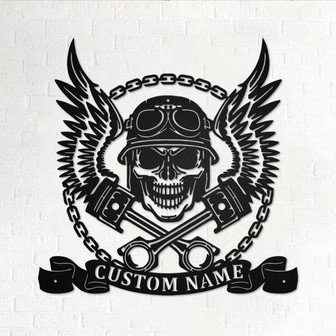 Custom Biker Skull With Wings And Pistons Metal Wall Art, Personalized Biker Name Sign Decoration For Room, Biker Home Decor, Custom Biker - Thegiftio UK