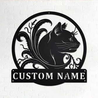Custom Black Cat Floral Metal Wall Art, Personalized Black Cat Name Sign Decoration For Room, Black Cat Home Decor, Custom Black Cat Floral - Thegiftio UK