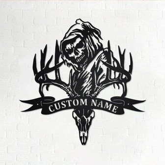 Custom Deer Skull Bone Hunting Grim Reaper Metal Wall Art, Personalized Deer Hunting Name Sign Decoration For Room, Deer Hunting Home Decor - Thegiftio UK