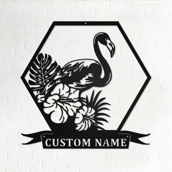 Custom Flamingo Tropical Flowers Metal Wall Art, Personalized Flamingo Name Sign Decoration For Room, Flamingo Metal Home Decor, Flamingo - Thegiftio