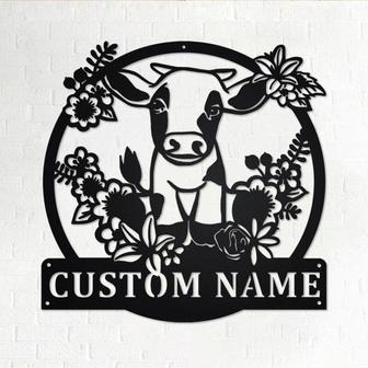 Custom Floral Cow Farm Metal Wall Art, Personalized Cow Farm Name Sign Decoration For Room, Cow Farm Metal Home Decor, Custom Floral Cow - Thegiftio UK