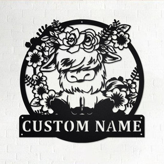 Custom Floral Highland Cow Metal Wall Art, Personalized Highland Cow Name Sign Decoration For Room, Highland Cow Metal Home Decor,Custom Cow - Thegiftio