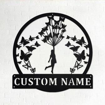 Custom Flying with Butterflies Metal Wall Art, Personalized Butterflies Name Sign Decoration For Room, Butterflies Home Decor, Butterflies - Thegiftio UK