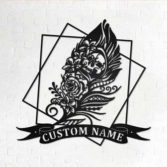 Custom Gothic Skull Feather Metal Wall Art, Personalized Gothic Skull Feather Name Sign Decoration For Room, Feather Metal Home Decor - Thegiftio